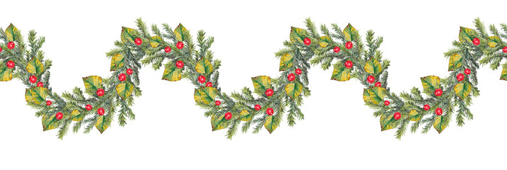 Watercolor seamless rim with christmas tree branch with leaves and berry isolated on white background. Border for frame or card. Hand-drawn wave for new year celebration invite or wrapping wallpaper