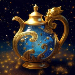 Zodiac sign of Aquarius, fantasy gold water jug on sky background, generative AI.