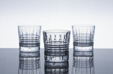 Crystal whiskey glasses on a reflective surface