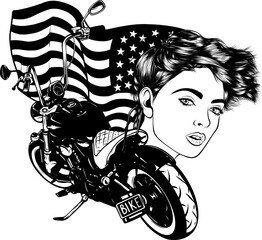 Fototapeta na wymiar girl on motorcycle, monochrome vintage illustration on white background.