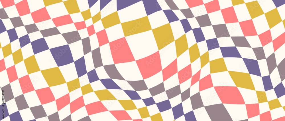 Poster colorful distorted checkerboard background. purple grey yellow pink psychedelic checkered wallpaper.