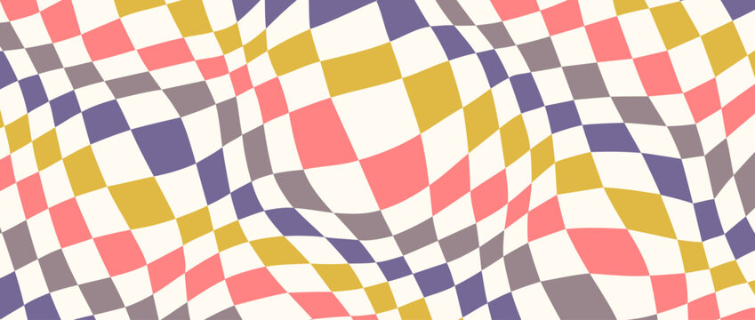 Colorful distorted checkerboard background. Purple grey yellow pink psychedelic checkered wallpaper. Wavy groovy chessboard surface. Trippy twisted geometric pattern. Abstract retro vector backdrop
