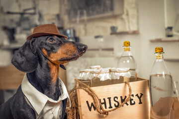 Dog brutal gangster bootlegger in cowboy hat, illegal homemade production of alcoholic beverage. Stylish wooden box of kraut whiskey in glass bottles with cork. Advertisement for men elite club, gift 