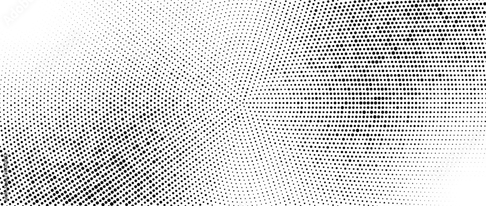 Poster Radial halftone gradient background. Dotted concentric texture with fading effect. Black and white circle shade wallpaper. Grunge rough vector backdrop