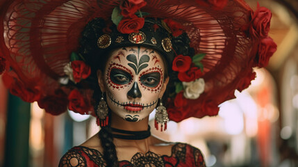 Woman in Day of the Dead Costume in Mexico created with Generative AI Technology