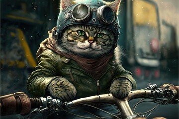 Cat biker with head gear and jacket posing with motorcycle