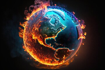 Earth burning with America in flames. Isolated background. 3d illustration.