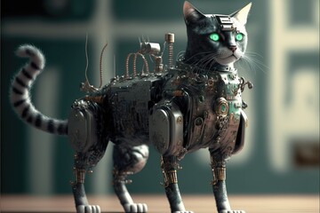 Cat with robotic body and feline head. 3d illustration. Sci-fi concept.