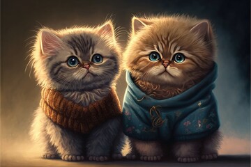 Kittens wearing sweaters posting for portrait. 2 kittens. Realistic cute animal illustration.