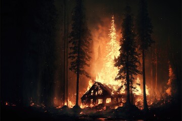 House in forest burning at night