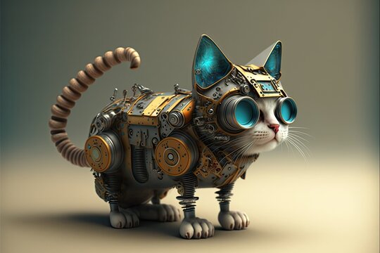 Robot kitten isolated portrait. Full length. Cyberpunk theme.