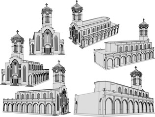 Vintage vatican old holy church illustration vector sketch with tower