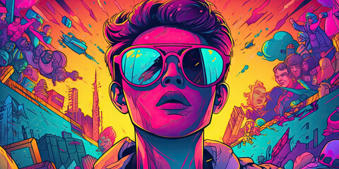 Imaginary character in a colorful psychedelic world. Generative AI.