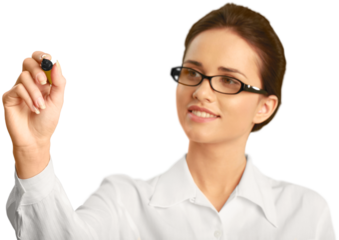 Professionally dressed female writing with a dry erase marker