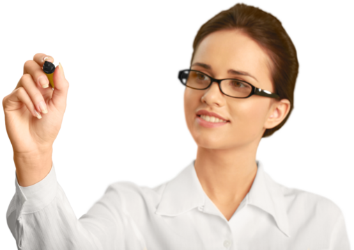 Professionally dressed female writing with a dry erase marker