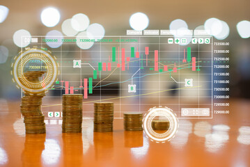 Growth money graph of success financial business on coin concept, Profit graph finance development or increase economic market chart digital stock currency strategy
