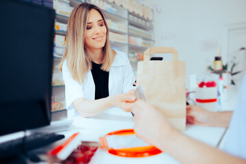 Pharmacist Receiving Card payment for an Order from Customer. Person buying pharmaceutical products opting for electronic payment
 - Powered by Adobe