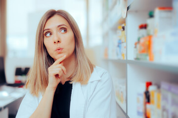 Pharmacist Thinking which Product to Recommend Looking at a Shelf . Puzzled medical worker feeling...