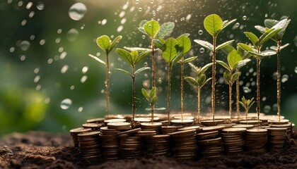 Coins and plants are grown on a pile of coins for finance and banking. Generative ai