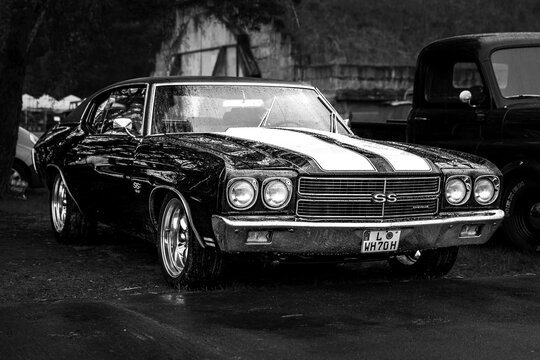FINOWFURT, GERMANY - MAY 06, 2023: The mid-size car Chevrolet Chevelle Hardtop Coupe, 1970. Black and white. Race festival 2023. Season opening.