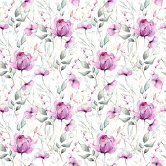 Violet peony and pink flowers and turquoise branches with leaves. Watercolor floral seamless pattern. White background