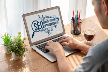 SEO search engine optimization for modish e-commerce and online retail business showing on computer...