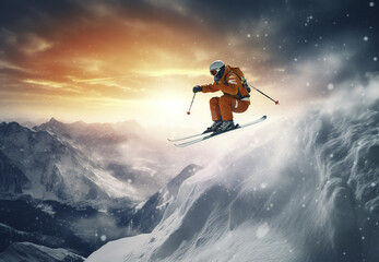 Jumping skier skiing. Extreme winter sports on mountain. Generative AI. - obrazy, fototapety, plakaty