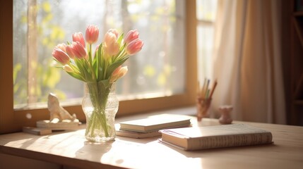 Still life of a diary near a vase of tulips, lit by window light. Generative AI.