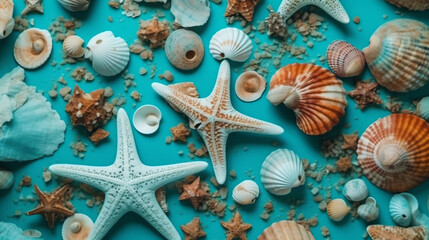 sea shell and starfish pattern in turquoise blue background ai generated
