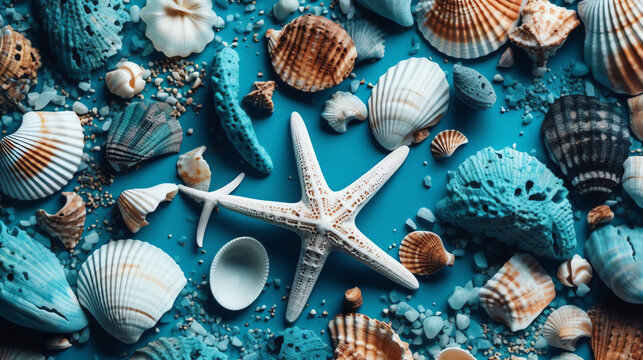 starfish and shells pattern in turquoise background ai generated
