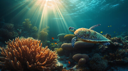 turtle with under water view with coral reef and sun beam ai generated
