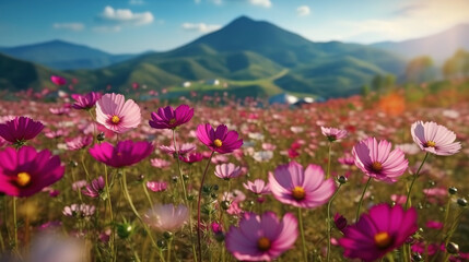 Obraz premium Beautiful colorful flower cosmos fields with blur mountain background. Generative Ai
