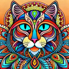 An image of a colorful psychedelic cat. (AI-generated fictional illustration)