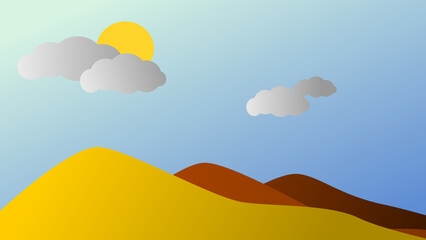 Mountain Landscape Vector Art. Sun behind clouds vector isolated on blue background