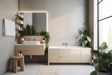 Modern minimalist bathroom interior, modern bathroom cabinet, white sink, wooden vanity, interior plants, bathroom accessories, bathtub and shower, white and beige walls, concrete floor elegant 