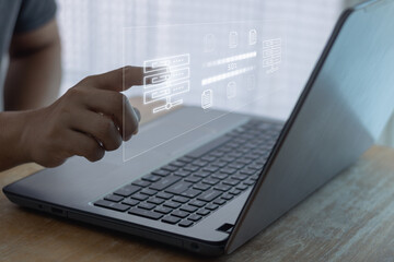 data transfer concept, File Transfer Protocol (FTP), internet server connection. Businessman hand...