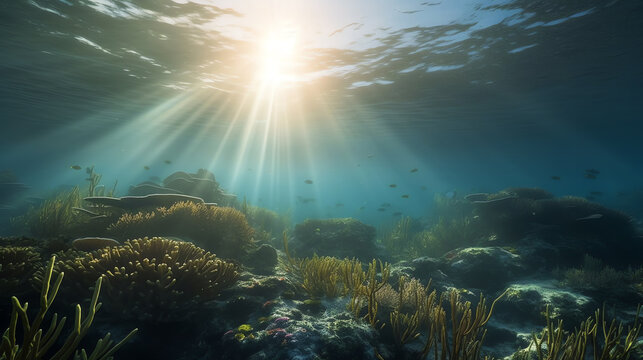 photo underwater view coral reef with sun beam
