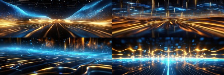 Fototapeta na wymiar abstract futuristic background with Gold blue glowing neon moving high speed wave lines and bokeh lights. Data transfer concept Fantastic wallpaper, Ai Generative