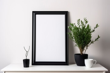 Vertical frame mockup, blank empty screen isolated on white home office background. Copy space. AI generated