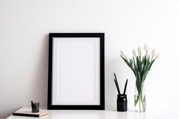 Vertical frame mockup, blank empty screen isolated on white home office background. Copy space. AI generated