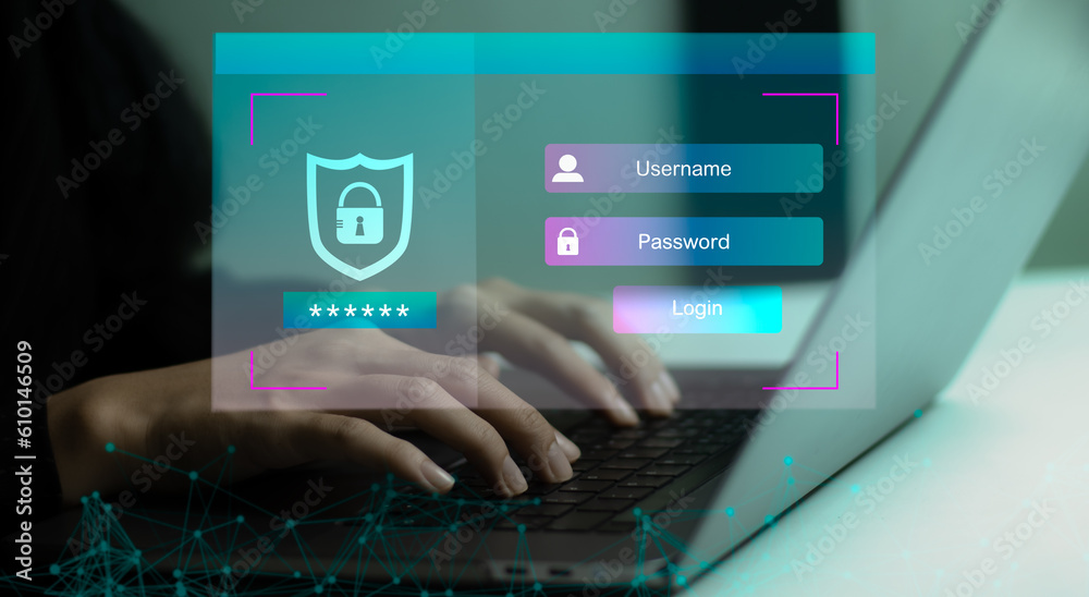 Poster business person using notbook computer laptop to login with username and password online and network