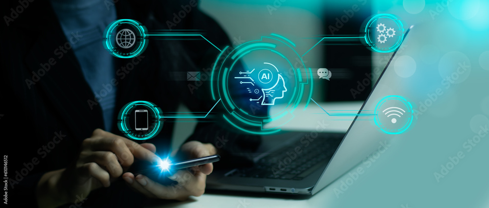 Poster ai machine learning technology. businessman using smartphone connecting with ai smart brain for chat