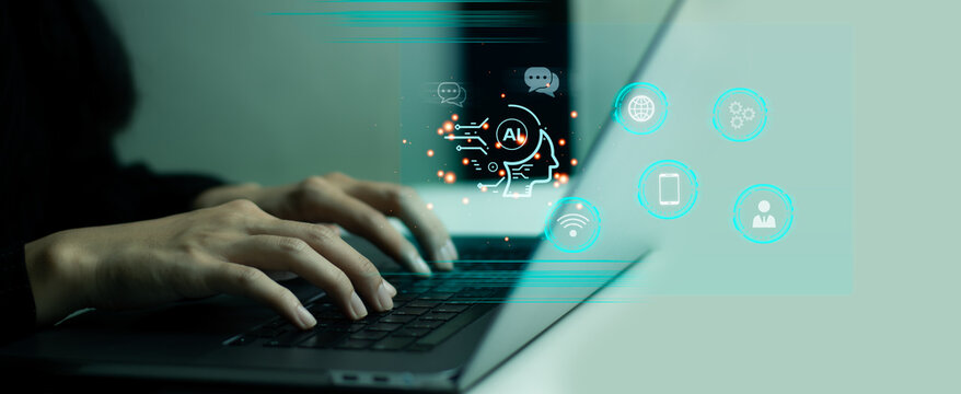 Woman using computer notebook. working and chatting with ai, artificial intellegence chat bot online, smart brain chat online.