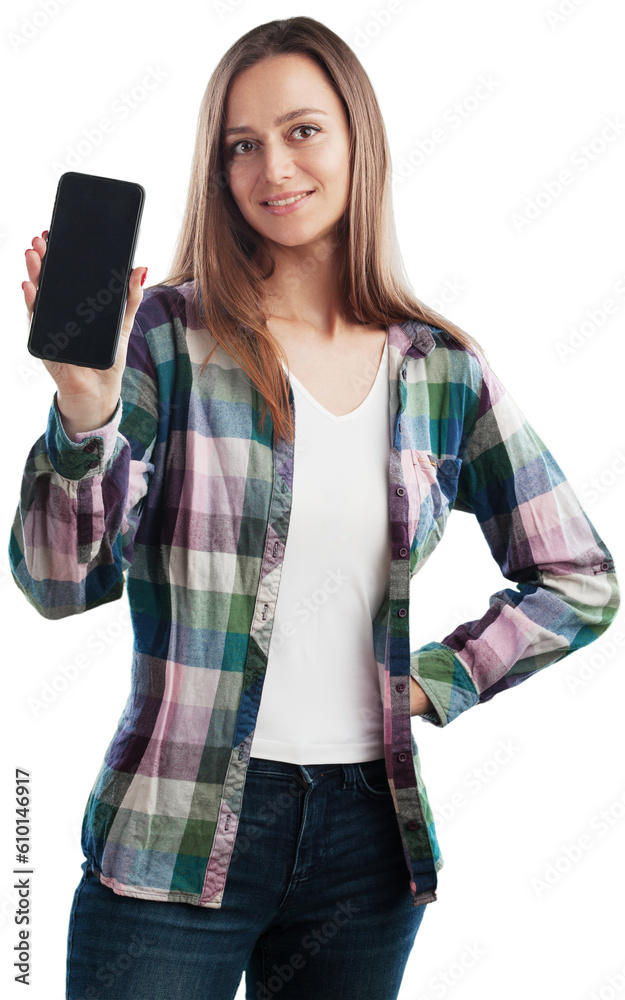 Canvas Prints Happy young woman showing at blank screen mobile phone