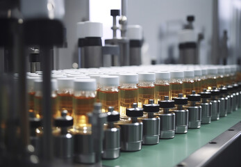 Medical vials on production line at pharmaceutical factory. Pharmaceutical machine working glass bottles production line. Generative AI.