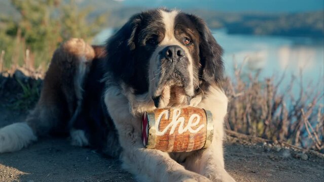 St Bernard Dog Lying With Brandy Barrel