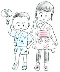 浴衣を着た子ども達のイラスト