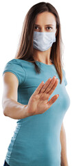 A woman wearing surgical mask refuse nurse injection or vaccination.