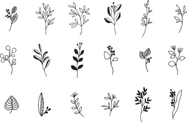 シンプルな草木のベクターイラスト。草木の線画イラストセット。植物のイラストセット。Simple vector illustration of grass and trees. Line drawing illustration set of plants and trees. Illustration set of plants.