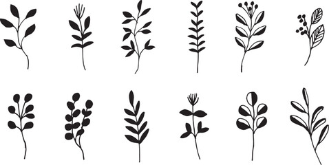 シンプルな草木のベクターイラスト。草木の線画イラストセット。植物のイラストセット。Simple vector illustration of grass and trees. Line drawing illustration set of plants and trees. Illustration set of plants.